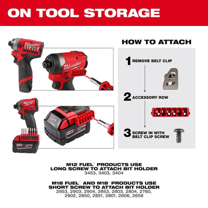 Milwaukee tool storage solution with driver, battery, and bit holder attachment instructions.