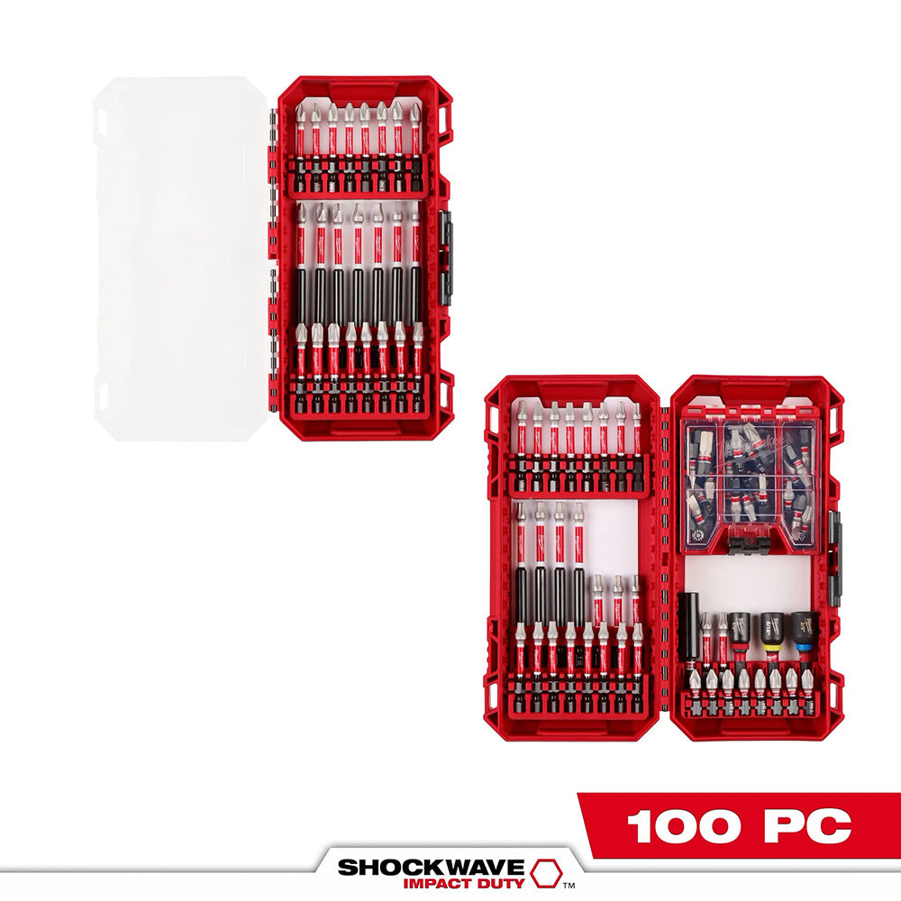 Red toolbox with drill bits on a white background, featuring the Shockwave Impact Duty brand.