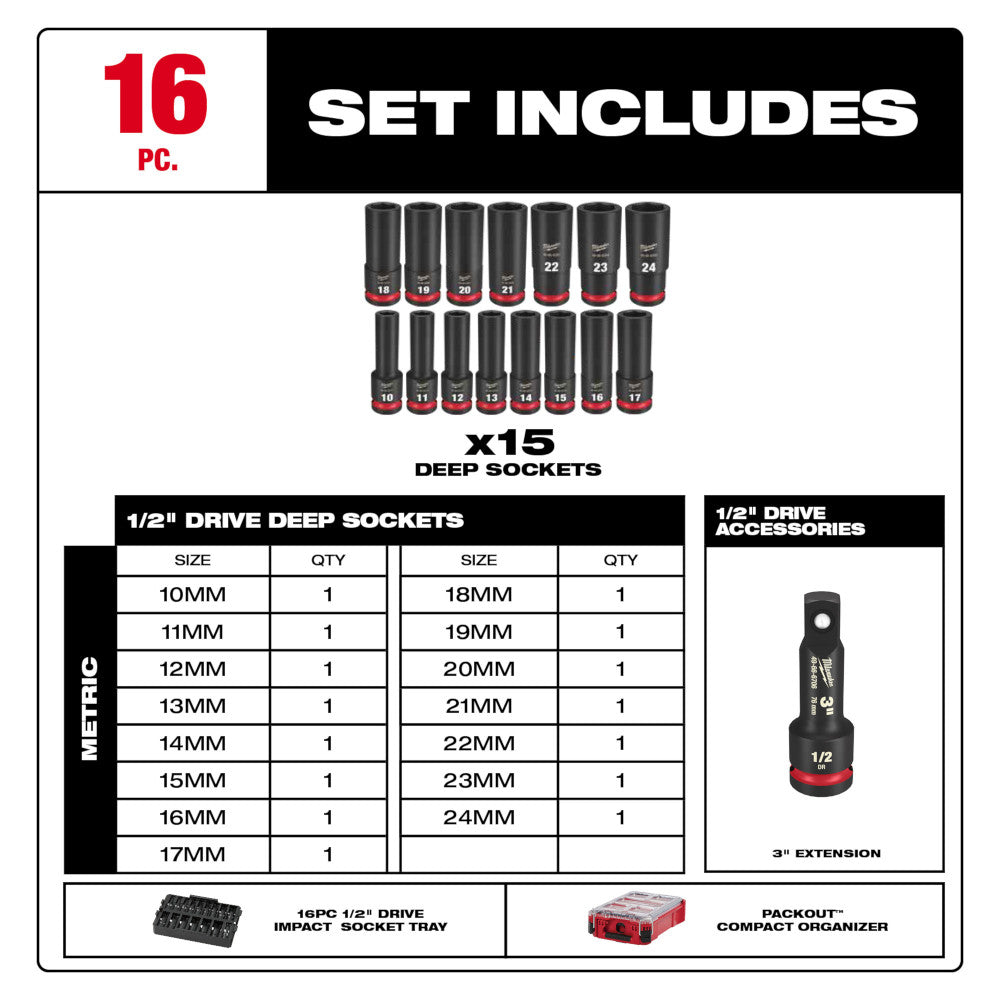 SHOCKWAVE™ Impact Duty Socket 1/2” Dr 16PC MM PACKOUT™ Set