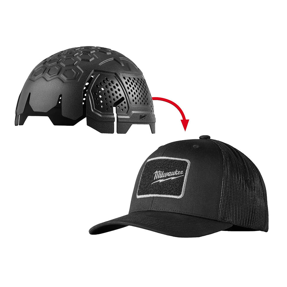 Black helmet with a red arrow pointing to a black cap with Milwaukee logo on a white background