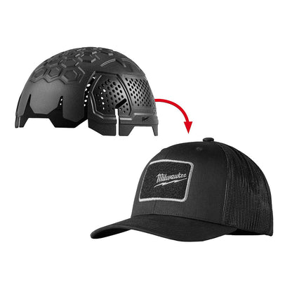 Black helmet with a red arrow pointing to a black cap with Milwaukee logo on a white background