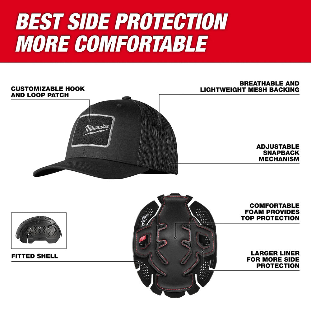 Black cap with Milwaukee logo and protective padding, featuring text on side protection and comfort.