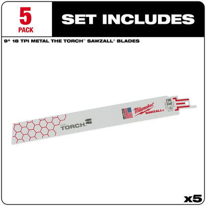 5 Pack 9" 18 TPI Metal the Torch Sawzall Blades